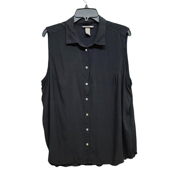 H&M Womens Size 18 Blouse Black Button Front Sleeveless Curved Hem Collared - Picture 1 of 11